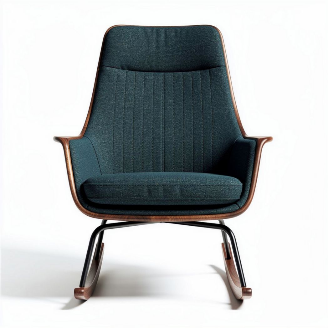 Poltrona da dondolo in tessuto blu con struttura in legno e metallo 75 x 80 x 90cm