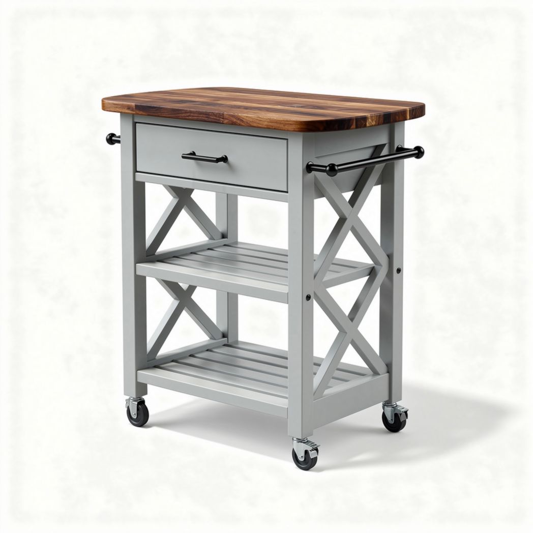 Carrello da cucina con piano in legno e struttura grigia 80 x 45 x 90cm