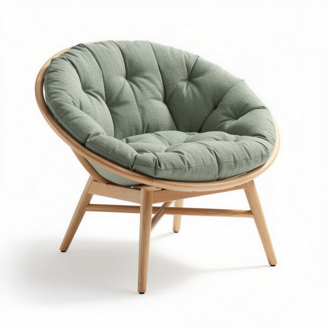 Poltrona rotonda in tessuto verde con struttura in legno 80 x 80 x 70cm